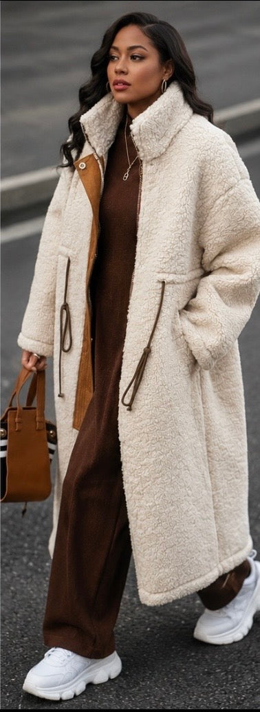 Drawstring Zip Up Turtleneck Sherpa Coat