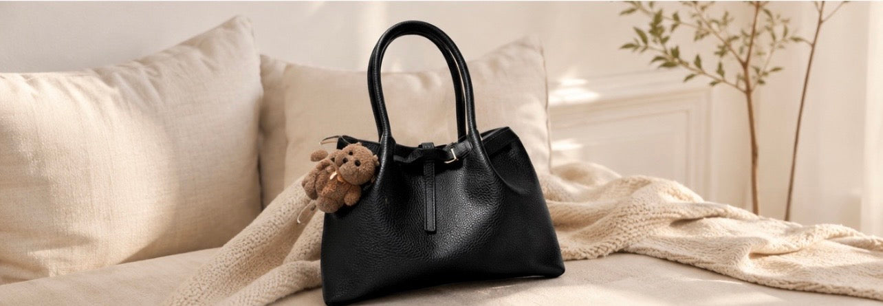 Leather Tote Bag With Plush Bear Pendant