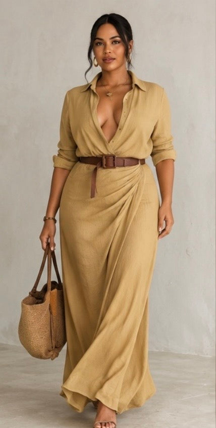 The Whitney V-Neck Ruched Maxi Dress with Belt