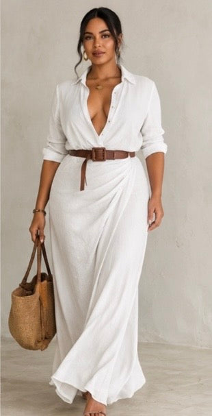 The Whitney V-Neck Ruched Maxi Dress with Belt
